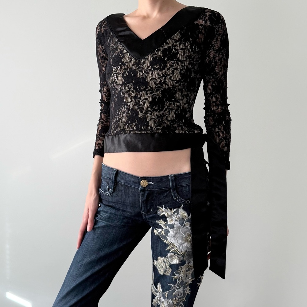 90s Anne X Black Lace Satin Trim Blouse